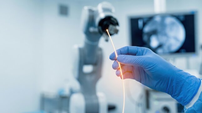 Surgeon Manipulating Fiber Optic Laser for Minimally Invasive Procedure Using Robotic Arm and Real Time Imaging for Enhanced Surgical Precision in Modern Operating Room