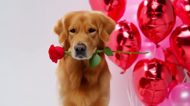 A golden retriever holds a red rose before shiny foil heart balloons, looking at camera with soulful eyes, concept of classic romance and devoted love