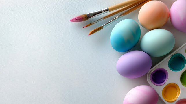 Pastel easter eggs, paint brushes, and a paint palette  great for easter promotions, spring themed designs, and arts and crafts projects.