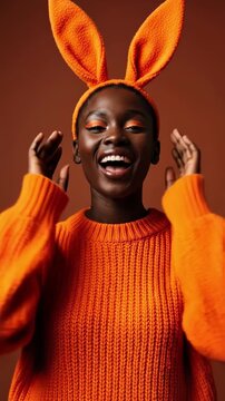 Beautiful young Black woman wearing a bright orange knitted sweater and matching bunny ears headband, smiling with her eyes closed against a brown background.