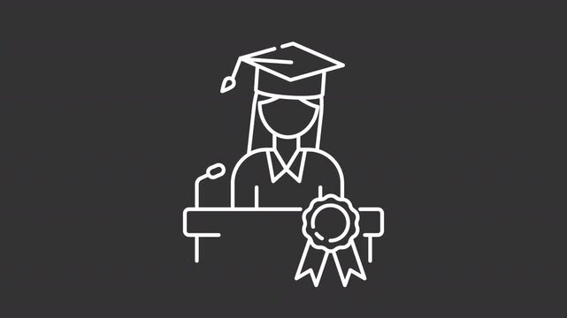Animated graduating female student white line icon. Doctoral studies animation. Academic achievement celebration. Higher education. Isolated element on dark background. Alpha transparent video