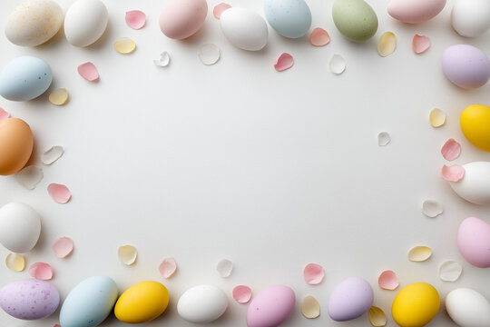 Pastel easter eggs and flower petals frame a white background beautifully, ideal for easter designs, spring promotions, and festive invitations.