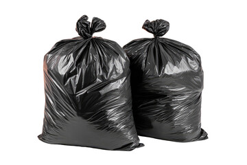 Two black plastic trash bags, tied at the top, stand side-by-side against a white background