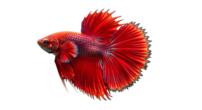 Vibrant red betta fish showcasing its long flowing fins and tail in a dynamic pose against a clean white background