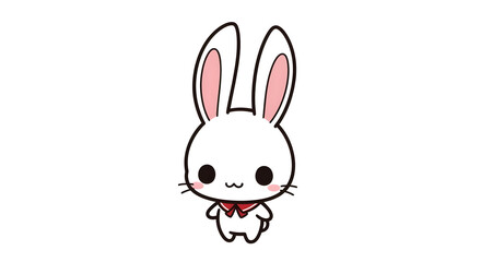 Obraz premium Adorable cartoon bunny character with pink inner ears and red bow on a white background standing cutely