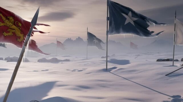 Historical flags waving over a snowy battleground with an abandoned spear and helmet remaining from a medieval war.