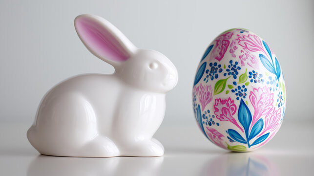 White rabbit next to easter egg suitable for greeting cards, social media posts, easter themed designs, childrens books, and holiday decorations.