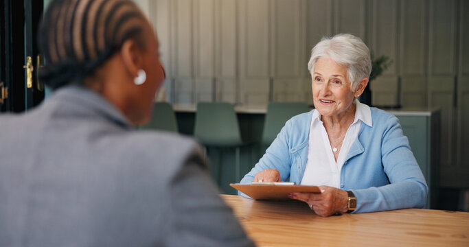 Senior, happy woman and lawyer with application for title deed or asset management advice. Female person, elderly client or smile with attorney, clipboard or form for investment plan or agreement