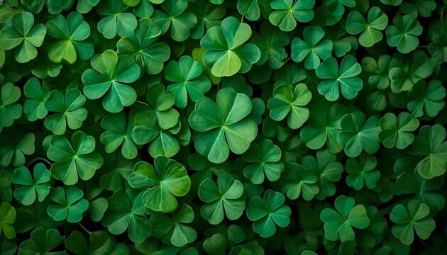 A dense collection of vibrant green four leaf clovers fills the frame showcasing nature s lucky charm