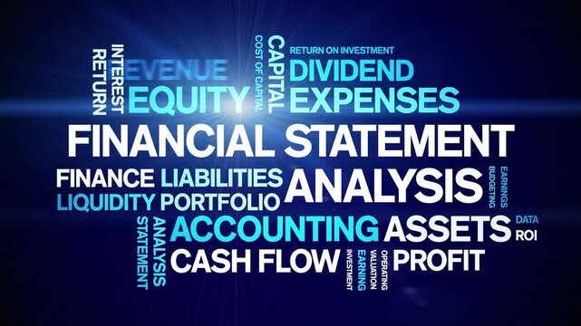 Financial Statement Analysis animated word cloud-text design animation tag kinetic typography seamless loop.