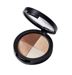 Compact eyeshadow palette, four shades.  Round, black casing, transparent lid.  Beige, brown, and light beige tones
