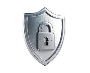 Metallic shield with a lock graphic.  A stylized, silver-toned shield depicts a lock in its center.  The shield's surface has a subtle textured appearance