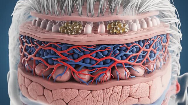 3D Animation: Cross-section of Human Head Layers - Anatomy, Skin, Blood Vessels