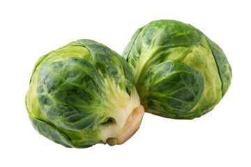 Two fresh Brussels sprouts, vibrant green leaves, close-up