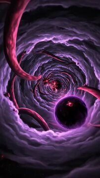 Surreal Cosmic Void with Glowing Red and Purple Moons and Dark Tentacles in a Swirling Nebula Tunnel, Abstract Eldritch Horror Space Art
