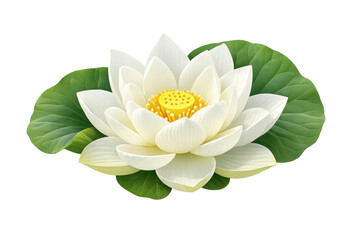 Fototapeta premium White lotus flower blooming, showing delicate petals, vibrant yellow stamens, and green leaves. Transparent background