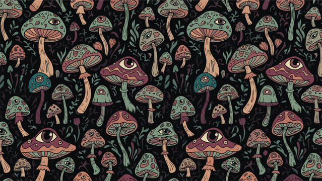 Trippy seamless pattern features multiple mushrooms with embedded eyes on a dark background for a psychedelic aesthetic.