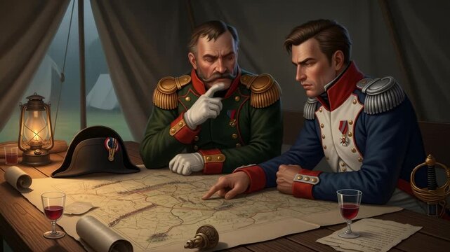 Military men planning battlefield strategy in a tent, two male soldiers analyzing a war map for tactical execution