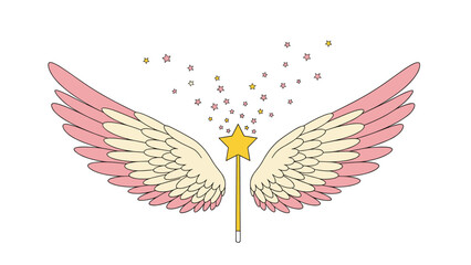 Obraz premium Magical pair of pink and cream feathered wings paired with a golden star wand surrounded by sparkling stars for a fantasy or fairy theme.