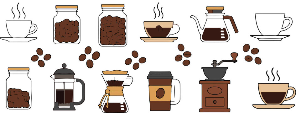 Coffee making line icon set. Drip bag, moka, pod, capsule, arabian, kettle, french press, bean minimal vector illustration. Coffee Equipment Illustration.