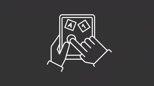 Animated gamification of education white line icon. Hands holding digital tablet with development app animation. Interactive learning. Isolated element on dark background. Alpha transparent video
