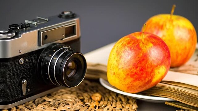 Vintage camera next to two apples on a plate, over books and straw mat. A still-life setup