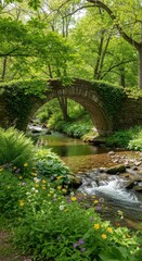 Fototapeta premium Ancient stone arch bridge spans a flowing stream surrounded by lush summer foliage and wildflowers