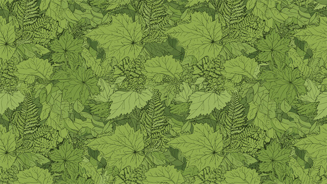Seamless pattern featuring a dense arrangement of green forest leaves and ferns overlapping for a lush jungle effect.