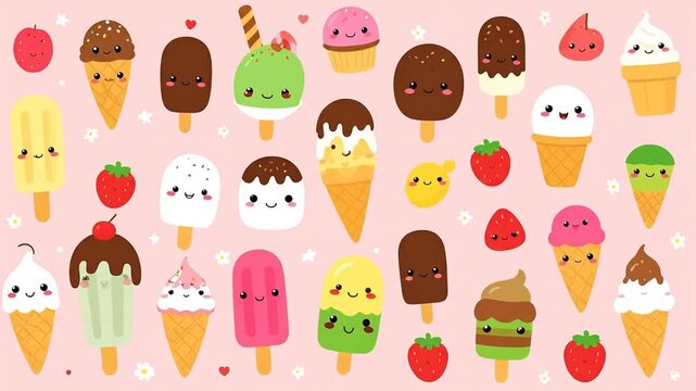 A delightful array of kawaii-style ice cream treats and fruits, arranged on a pink background