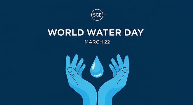 World Water Day poster with hands holding a water drop March 22  SGE logo awareness campaign