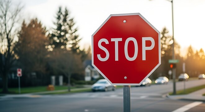 Red octagonal stop sign on metal pole at street intersection with blurred background of cars and trees at sunset
