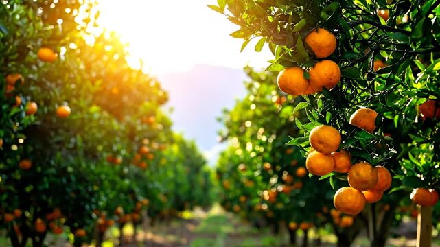An orchard scene with rows of orange trees, ripe fruit hangs. Sunlight filters through the leaves, creating a warm glow