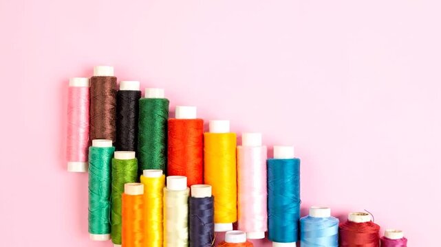 A row of colorful spools of thread are lined up against a pale pink background
