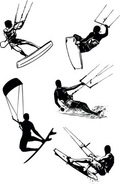 Illustration of a group with silhouettes of kite surfers.