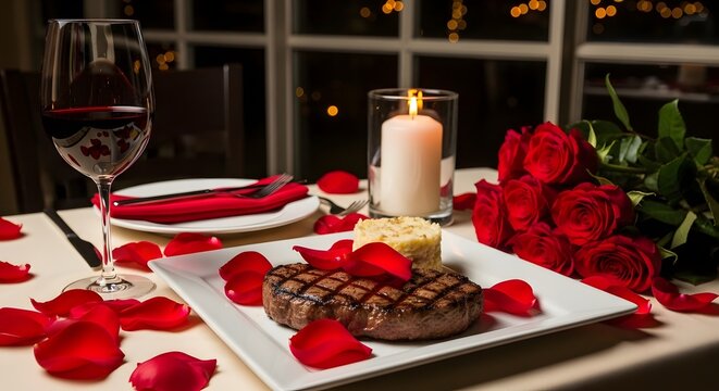 A romantic dinner setup with a grilled steak on a white plate surrounded by red roses and a candle