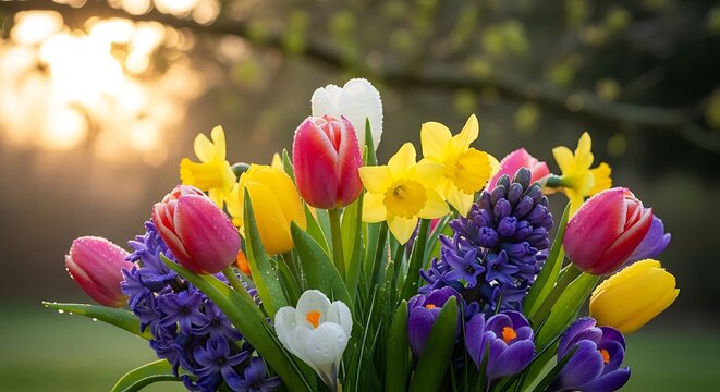 Vibrant spring bouquet at sunset
