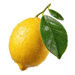 A vibrant yellow lemon with water droplets, attached to a stem with green leaves