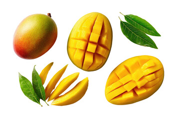 Fototapeta premium Mangoes, cut & whole, with leaves