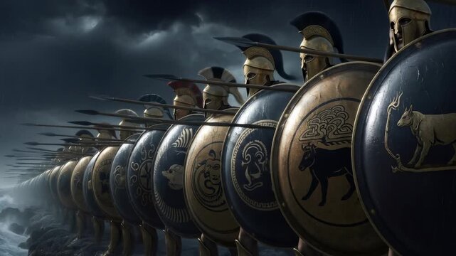 Ancient greek warriors in phalanx marching through a storm. Concept of historical warfare and military formation.