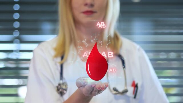 Red Blood Type AB With Plexus Lines Over Doctor's Hand In The Clinic. - closeup shot