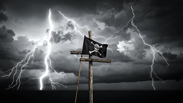 A skull and crossbones flag flies on a weathered wooden cross under a stormy sky with lightning
