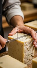 Artisan carefully portions a large block of handmade soap using a wire cutter and knife.