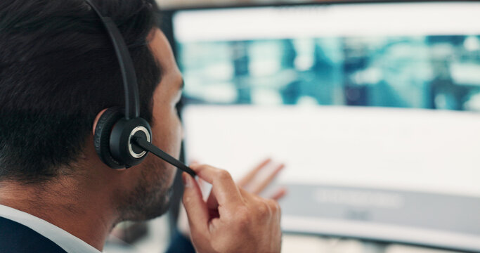 Man, talk and headset with computer screen in call centre for customer service, online query and advice. Agent, mic or pc with questions, client support and crm representative of technical assistance