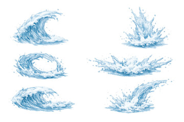 Fototapeta premium Water splash elements with breaking waves, liquid drops, and dynamic sprays, transparent background for design assets