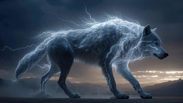 Digital artwork of a mid-stride wolf, outlined in white and blue lightning against a dark background Wolf in foreground with distant hillsmountains Emphasis on dynamic lighting and p - AI-Generated