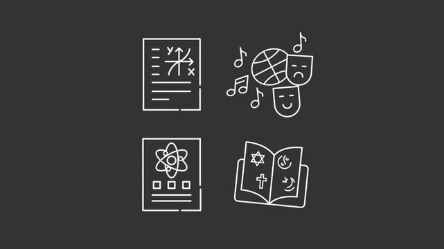 Animated school subjects white white line icons. Learning natural science, religion and arts animation set. Student development. Education. Isolated elements on dark background. Alpha channel HD video