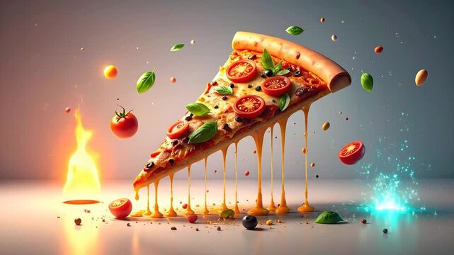 A single pizza slice with ingredients seemingly floating. Cheese stretches. Background is gradients of grey and orange