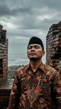 A middle-aged Indonesian man wearing a traditional batik shirt and black peci hat stands with raised hands in prayer at an ancient brick ruin under a cloudy sky.