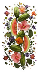 Botanical collage with watermelons, flowers, and greenery, vertically arranged