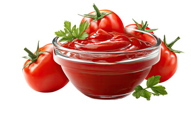Ketchup in glass bowl, surrounded by tomatoes
